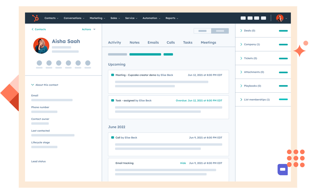 HubSpot simplified UI showing a contact record in HubSpot Smart CRM, where you can view information related to contact activity, notes, emails, calls, tasks, and meetings